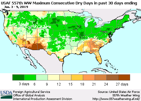 United States Maximum Consecutive Dry Days in past 30 days (USAF 557th WW) 06/09/2019 Thematic Map For 6/3/2019 - 6/9/2019