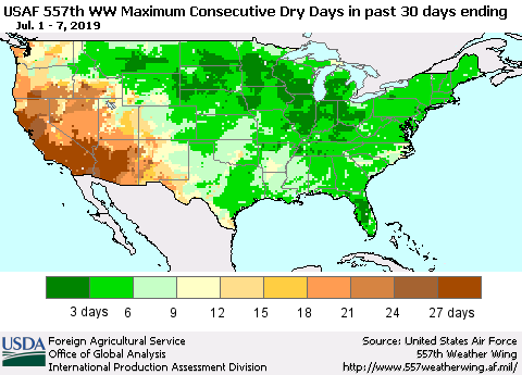 United States Maximum Consecutive Dry Days in past 30 days (USAF 557th WW) 07/07/2019 Thematic Map For 7/1/2019 - 7/7/2019