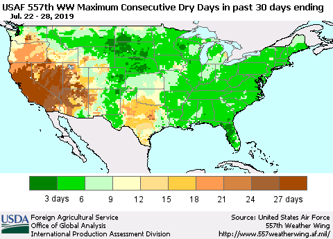 United States Maximum Consecutive Dry Days in past 30 days (USAF 557th WW) 07/28/2019 Thematic Map For 7/22/2019 - 7/28/2019