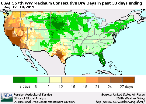 United States Maximum Consecutive Dry Days in past 30 days (USAF 557th WW) 08/18/2019 Thematic Map For 8/12/2019 - 8/18/2019