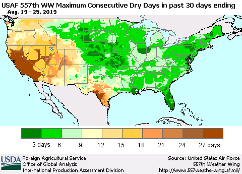 United States Maximum Consecutive Dry Days in past 30 days (USAF 557th WW) 08/25/2019 Thematic Map For 8/19/2019 - 8/25/2019