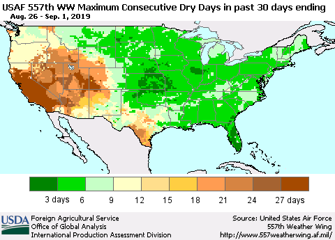 United States Maximum Consecutive Dry Days in past 30 days (USAF 557th WW) 09/01/2019 Thematic Map For 8/26/2019 - 9/1/2019