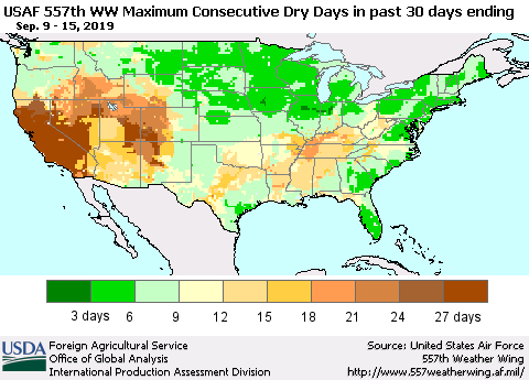 United States Maximum Consecutive Dry Days in past 30 days (USAF 557th WW) 09/15/2019 Thematic Map For 9/9/2019 - 9/15/2019