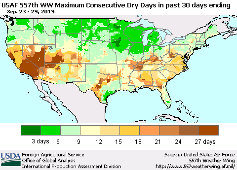 United States Maximum Consecutive Dry Days in past 30 days (USAF 557th WW) 09/29/2019 Thematic Map For 9/23/2019 - 9/29/2019