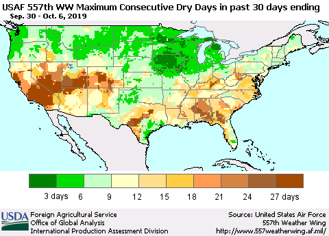 United States Maximum Consecutive Dry Days in past 30 days (USAF 557th WW) 10/06/2019 Thematic Map For 9/30/2019 - 10/6/2019