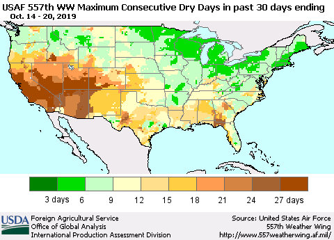 United States Maximum Consecutive Dry Days in past 30 days (USAF 557th WW) 10/20/2019 Thematic Map For 10/14/2019 - 10/20/2019