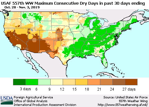 United States Maximum Consecutive Dry Days in past 30 days (USAF 557th WW) 11/03/2019 Thematic Map For 10/28/2019 - 11/3/2019