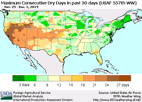 United States Maximum Consecutive Dry Days in past 30 days (USAF 557th WW) 12/01/2019 Thematic Map For 11/25/2019 - 12/1/2019