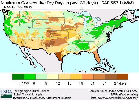 United States Maximum Consecutive Dry Days in past 30 days (USAF 557th WW) 12/22/2019 Thematic Map For 12/16/2019 - 12/22/2019