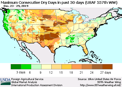 United States Maximum Consecutive Dry Days in past 30 days (USAF 557th WW) 12/29/2019 Thematic Map For 12/23/2019 - 12/29/2019