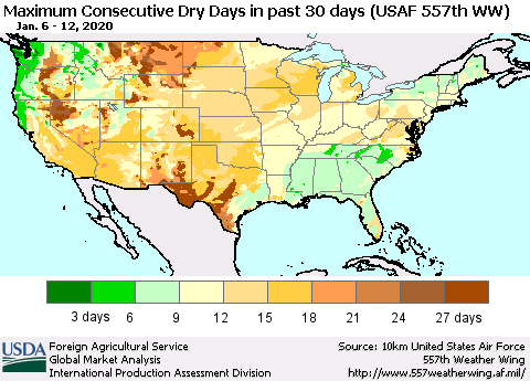 United States Maximum Consecutive Dry Days in past 30 days (USAF 557th WW) 01/12/2020 Thematic Map For 1/6/2020 - 1/12/2020