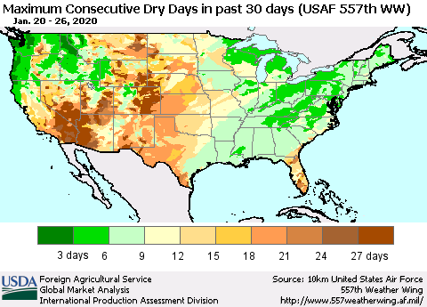 United States Maximum Consecutive Dry Days in past 30 days (USAF 557th WW) 01/26/2020 Thematic Map For 1/20/2020 - 1/26/2020