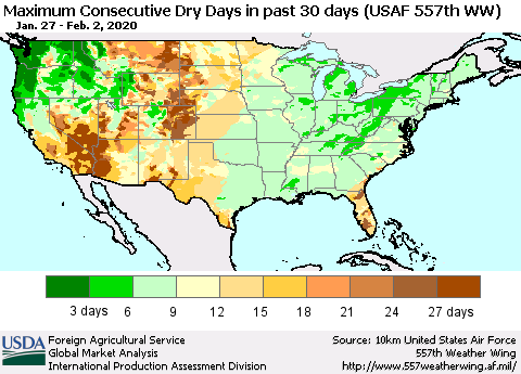United States Maximum Consecutive Dry Days in past 30 days (USAF 557th WW) 02/02/2020 Thematic Map For 1/27/2020 - 2/2/2020