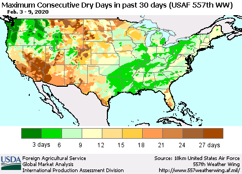 United States Maximum Consecutive Dry Days in past 30 days (USAF 557th WW) 02/09/2020 Thematic Map For 2/3/2020 - 2/9/2020