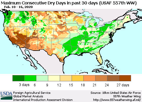 United States Maximum Consecutive Dry Days in past 30 days (USAF 557th WW) 02/16/2020 Thematic Map For 2/10/2020 - 2/16/2020