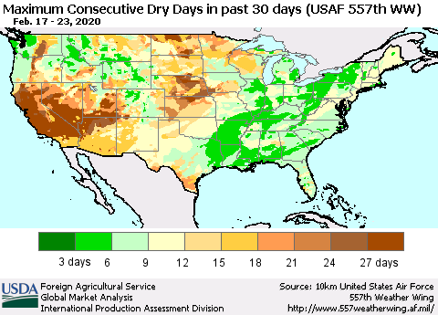 United States Maximum Consecutive Dry Days in past 30 days (USAF 557th WW) 02/23/2020 Thematic Map For 2/17/2020 - 2/23/2020