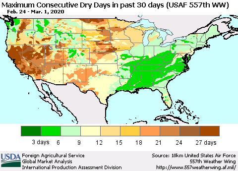 United States Maximum Consecutive Dry Days in past 30 days (USAF 557th WW) 03/01/2020 Thematic Map For 2/24/2020 - 3/1/2020