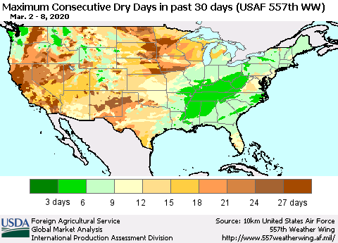 United States Maximum Consecutive Dry Days in past 30 days (USAF 557th WW) 03/08/2020 Thematic Map For 3/2/2020 - 3/8/2020