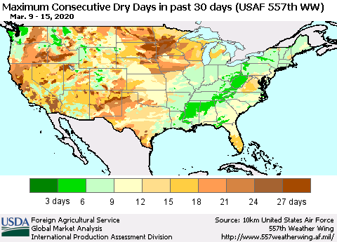 United States Maximum Consecutive Dry Days in past 30 days (USAF 557th WW) 03/15/2020 Thematic Map For 3/9/2020 - 3/15/2020