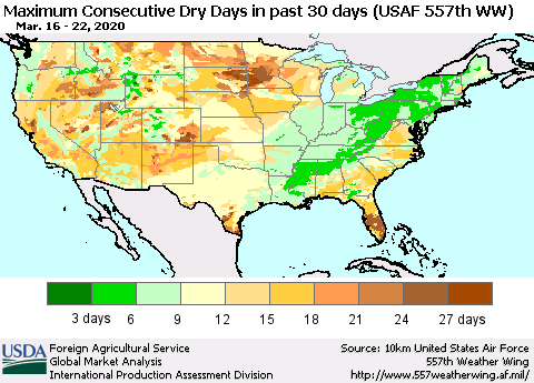 United States Maximum Consecutive Dry Days in past 30 days (USAF 557th WW) 03/22/2020 Thematic Map For 3/16/2020 - 3/22/2020