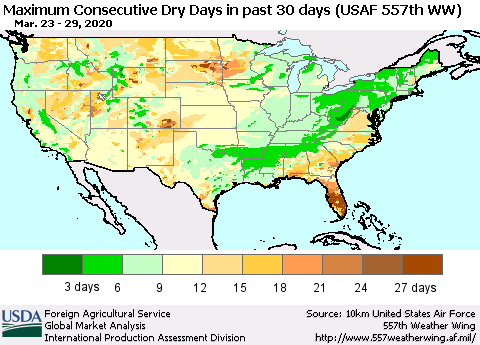 United States Maximum Consecutive Dry Days in past 30 days (USAF 557th WW) 03/29/2020 Thematic Map For 3/23/2020 - 3/29/2020