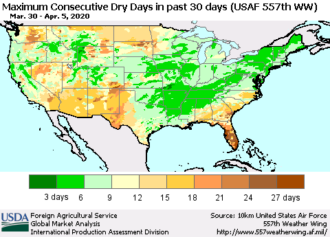 United States Maximum Consecutive Dry Days in past 30 days (USAF 557th WW) 04/05/2020 Thematic Map For 3/30/2020 - 4/5/2020