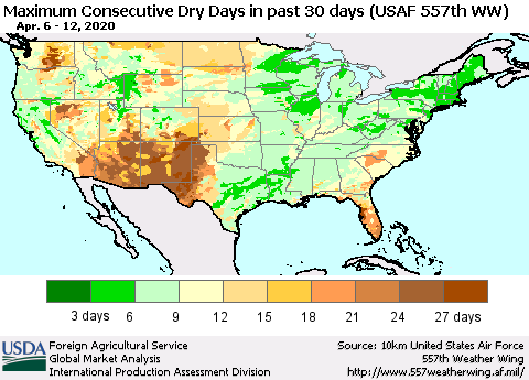 United States Maximum Consecutive Dry Days in past 30 days (USAF 557th WW) 04/12/2020 Thematic Map For 4/6/2020 - 4/12/2020