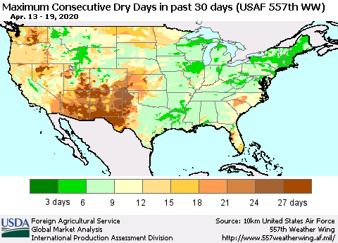 United States Maximum Consecutive Dry Days in past 30 days (USAF 557th WW) 04/19/2020 Thematic Map For 4/13/2020 - 4/19/2020