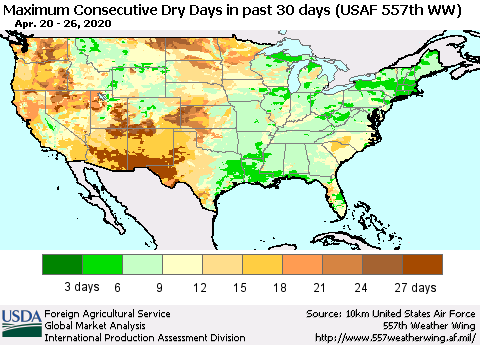 United States Maximum Consecutive Dry Days in past 30 days (USAF 557th WW) 04/26/2020 Thematic Map For 4/20/2020 - 4/26/2020