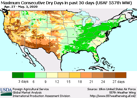 United States Maximum Consecutive Dry Days in past 30 days (USAF 557th WW) 05/03/2020 Thematic Map For 4/27/2020 - 5/3/2020