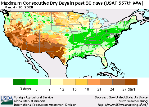 United States Maximum Consecutive Dry Days in past 30 days (USAF 557th WW) 05/10/2020 Thematic Map For 5/4/2020 - 5/10/2020