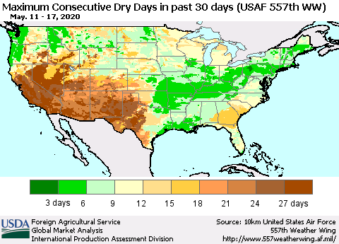 United States Maximum Consecutive Dry Days in past 30 days (USAF 557th WW) 05/17/2020 Thematic Map For 5/11/2020 - 5/17/2020
