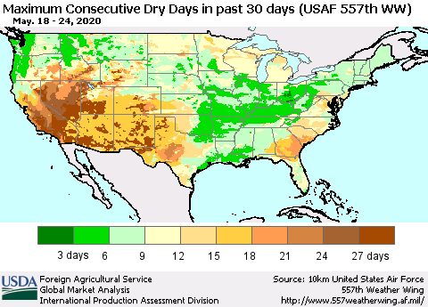 United States Maximum Consecutive Dry Days in past 30 days (USAF 557th WW) 05/24/2020 Thematic Map For 5/18/2020 - 5/24/2020