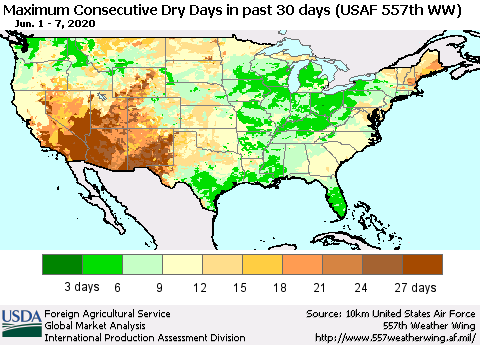 United States Maximum Consecutive Dry Days in past 30 days (USAF 557th WW) 06/07/2020 Thematic Map For 6/1/2020 - 6/7/2020