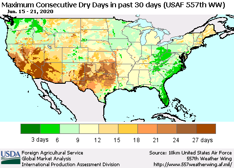 United States Maximum Consecutive Dry Days in past 30 days (USAF 557th WW) 06/21/2020 Thematic Map For 6/15/2020 - 6/21/2020
