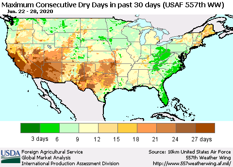 United States Maximum Consecutive Dry Days in past 30 days (USAF 557th WW) 06/28/2020 Thematic Map For 6/22/2020 - 6/28/2020