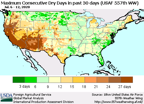 United States Maximum Consecutive Dry Days in past 30 days (USAF 557th WW) 07/12/2020 Thematic Map For 7/6/2020 - 7/12/2020