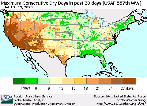 United States Maximum Consecutive Dry Days in past 30 days (USAF 557th WW) 07/19/2020 Thematic Map For 7/13/2020 - 7/19/2020