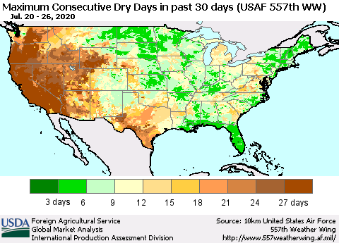United States Maximum Consecutive Dry Days in past 30 days (USAF 557th WW) 07/26/2020 Thematic Map For 7/20/2020 - 7/26/2020