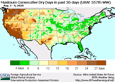 United States Maximum Consecutive Dry Days in past 30 days (USAF 557th WW) 08/09/2020 Thematic Map For 8/3/2020 - 8/9/2020