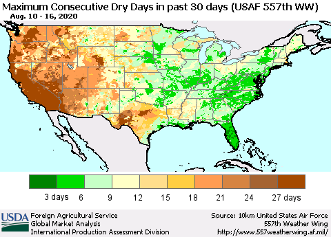 United States Maximum Consecutive Dry Days in past 30 days (USAF 557th WW) 08/16/2020 Thematic Map For 8/10/2020 - 8/16/2020