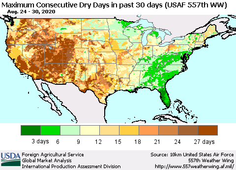 United States Maximum Consecutive Dry Days in past 30 days (USAF 557th WW) 08/30/2020 Thematic Map For 8/24/2020 - 8/30/2020