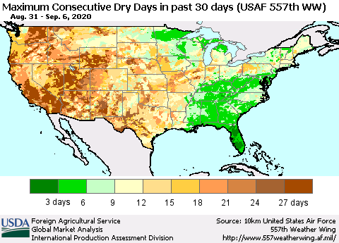 United States Maximum Consecutive Dry Days in past 30 days (USAF 557th WW) 09/06/2020 Thematic Map For 8/31/2020 - 9/6/2020