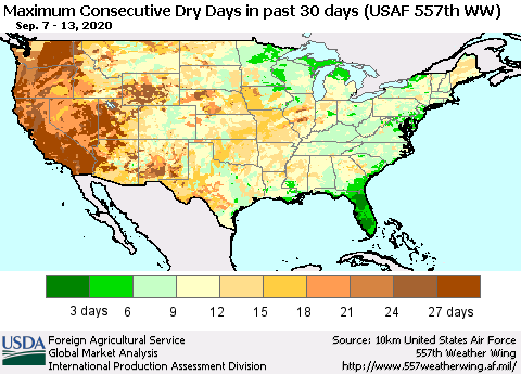 United States Maximum Consecutive Dry Days in past 30 days (USAF 557th WW) 09/13/2020 Thematic Map For 9/7/2020 - 9/13/2020