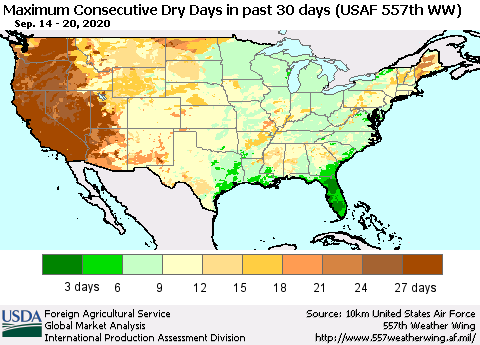 United States Maximum Consecutive Dry Days in past 30 days (USAF 557th WW) 09/20/2020 Thematic Map For 9/14/2020 - 9/20/2020