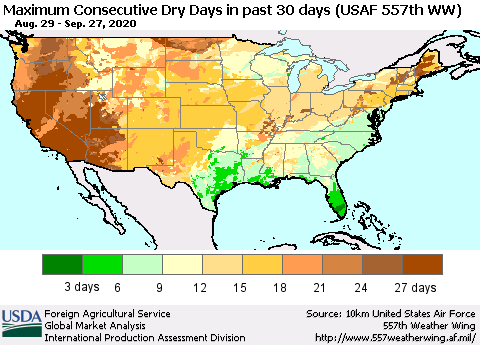 United States Maximum Consecutive Dry Days in past 30 days (USAF 557th WW) 09/27/2020 Thematic Map For 9/21/2020 - 9/27/2020