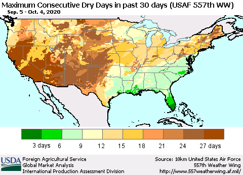 United States Maximum Consecutive Dry Days in past 30 days (USAF 557th WW) 10/04/2020 Thematic Map For 9/28/2020 - 10/4/2020