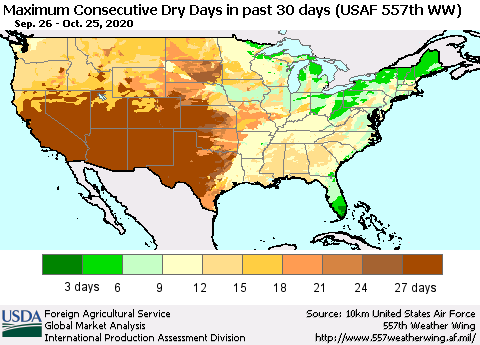United States Maximum Consecutive Dry Days in past 30 days (USAF 557th WW) 10/25/2020 Thematic Map For 10/19/2020 - 10/25/2020