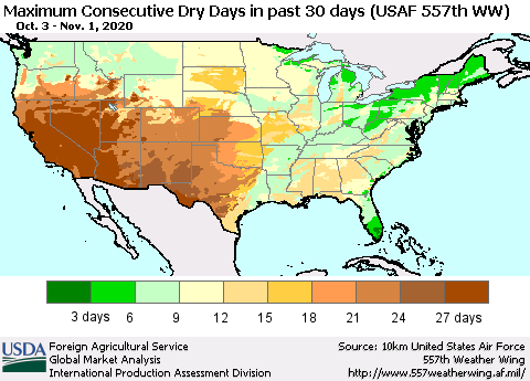 United States Maximum Consecutive Dry Days in past 30 days (USAF 557th WW) 11/01/2020 Thematic Map For 10/26/2020 - 11/1/2020