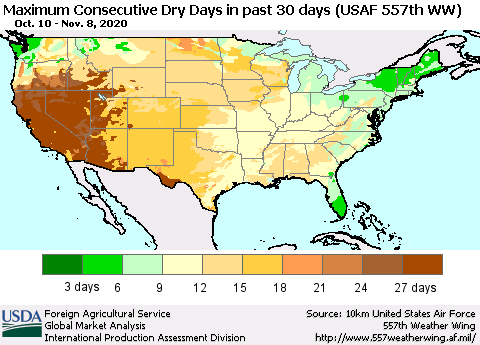 United States Maximum Consecutive Dry Days in past 30 days (USAF 557th WW) 11/08/2020 Thematic Map For 11/2/2020 - 11/8/2020